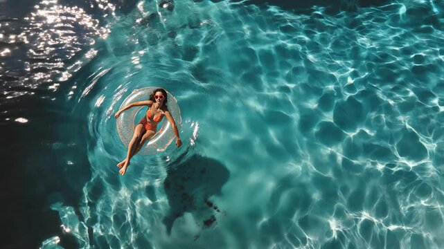 High angle aerial shot of a woman floating in a pool, on a round inflatable, wearing sun glasses.