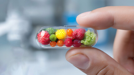 Close up a hand of person holding a small transparent capsule filled with colorful fruits and vegetables on blurred lab on background