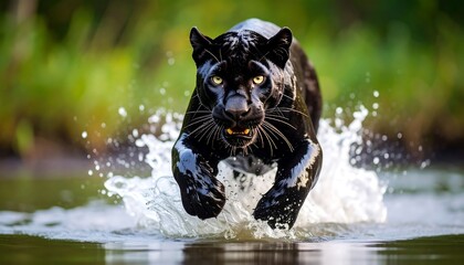 Black Panther Leaping Water.