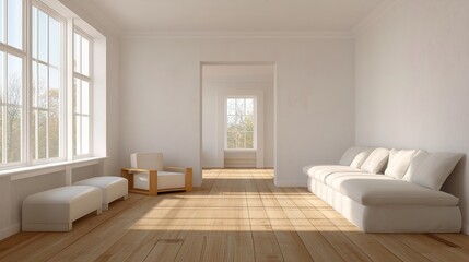 Fototapeta premium Minimalist living room with white walls and wooden floor, bathed in soft natural light. Serene simplicity in a spacious modern interior.