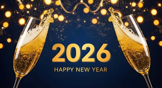 Happy New Year 2026 Champagne Toast | Golden Numbers and Sparkling Glasses for Holiday Celebrations and Event Marketing
