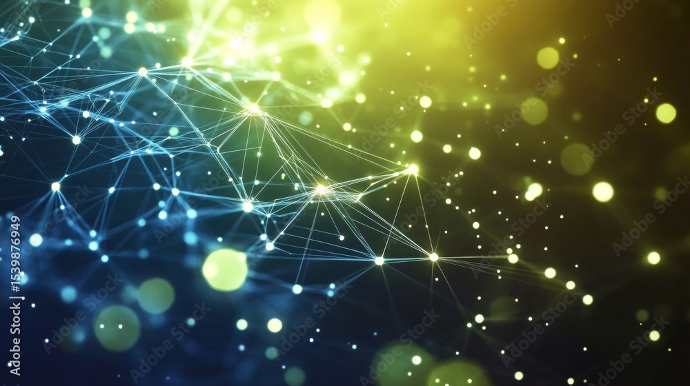 Poster digital polygonal network points background with bokeh highlights and data technology visualization