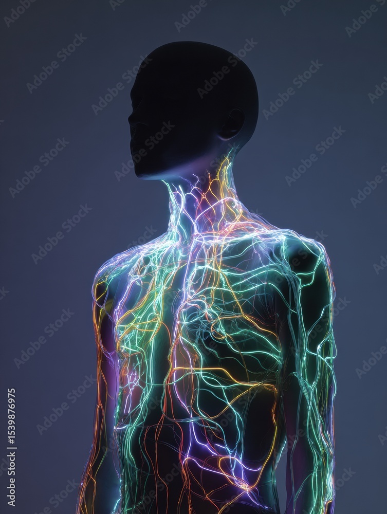 Poster captivating shadowy figure illuminated by vibrant neon nerves, showcasing a unique representation of