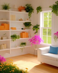 Bright Living Room with White Shelving and Abundant Greenery