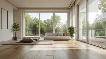Fototapeta premium Minimalist living room with white walls and wooden floor, bathed in soft natural light. Serene simplicity in a spacious modern interior.
