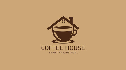 Cozy Coffee House Logo Design Warm Brown Branding for Cafe, Restaurant, or Home Brewed Beverage Business, Featuring a Coffee Cup Within a House Silhouette Icon.
