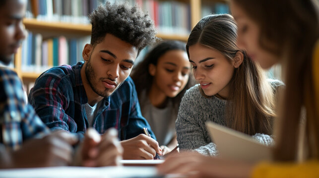 University students working on group project in library Close-up