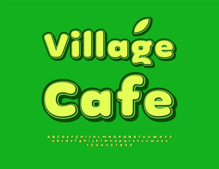 Vector Vintage signboard Village Cafe. Retro Green Font. Bold Round Alphabet Letters and Numbers set.
