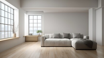 Minimalist living room with white walls and wooden floor, bathed in soft natural light. Serene simplicity in a spacious modern interior.