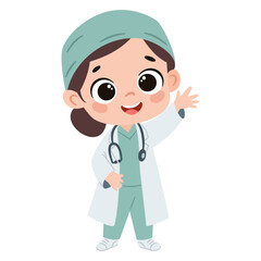 Cute baby girl in doctor costume waving his hand. Flat vector illustration in simple child style on white background. Vector illustration