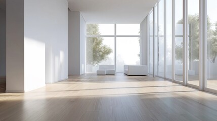 Obraz premium Minimalist living room with white walls and wooden floor, bathed in soft natural light. Serene simplicity in a spacious modern interior.