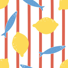 cute hand drawn striped summertime seamless vector pattern background illustration with blue sardine and yellow lemons