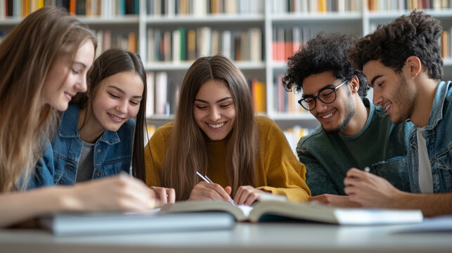 University students working on group project in library Close-up