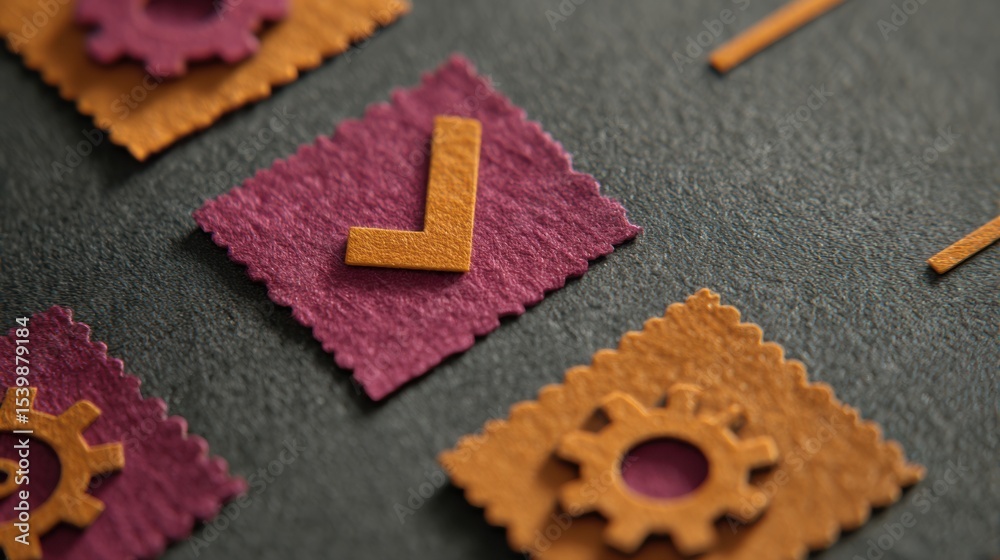 Poster layered paper cutout security checklist featuring technology symbols and textures, ideal for innovat