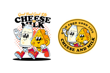 Cheese wedge and milk bottle retro mascot illustration logo set with walking together for dairy product. Milk and cheese character mascot for cafes. Cheese and milk walking buddies cartoon for kids.