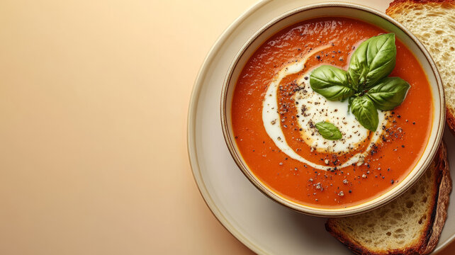 Creamy tomato soup with basil and bread on a warm background.