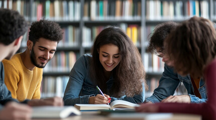 University students working on group project in library Close-up