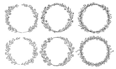 花と草と葉の丸いフレームの白黒の線画ベクターイラストセット /シンプルでおしゃれな手書きのラインアート