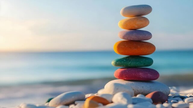 A stack of colorful stones balanced on a beach with a serene ocean background.