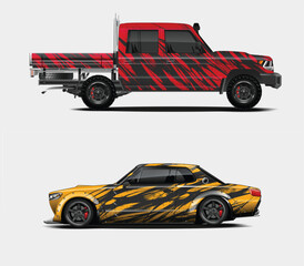 Red Pickup Truck and Yellow Sports Car with Abstract Design Wraps