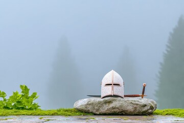 Engraved Metal Helmet and Sword Resting on Mossy Stone in Foggy Forest