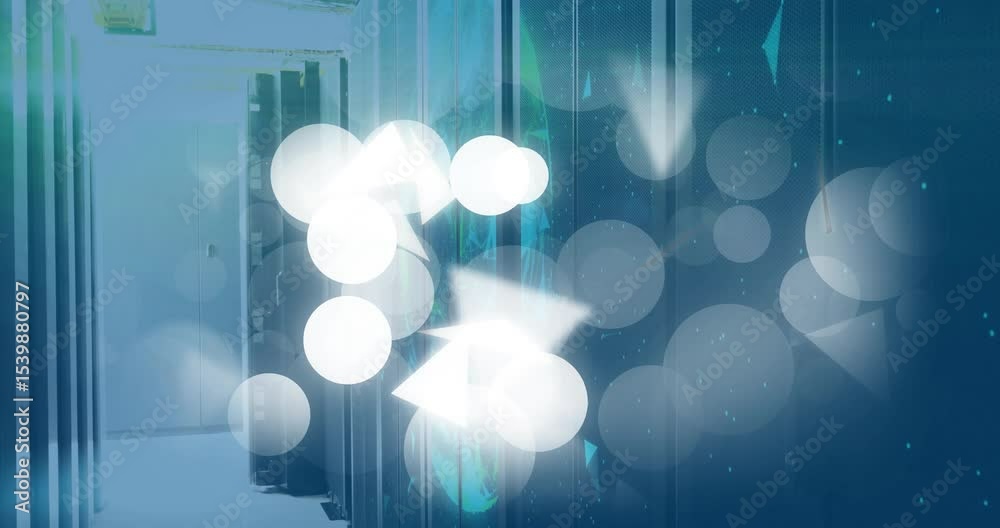 Poster soft shapes appearing from right drifting into cloud dispersing over server racks visualizing data