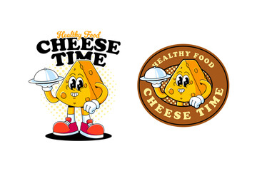 Cheese wedges retro mascot illustration logo set with serving food. Swiss cheese cartoon waiter character for restaurant. Cute cheddar slice mascot with cloche tray for food promotion or label