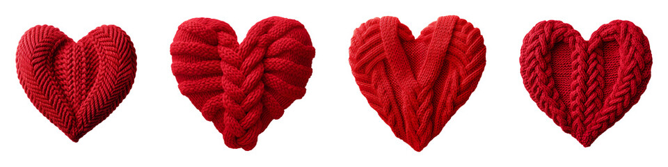 Collection of hearts made from knitted red yarn, isolated on a transparent background