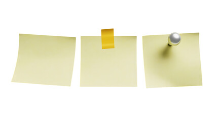 Three blank yellow sticky notes with different methods of attachment isolated on black background