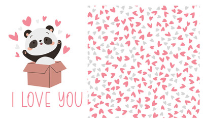 Vector set of prints to print on children's products for Valentine's Day. Cute panda jumping out of a box with hearts, inscription I love you. Seamless vector pattern with hearts. Vector illustration