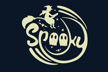 Happy halloween text design vector. Navy blue background with beige spooky text, ghost, witch, bat, star. Halloween festival illustration for decoration, prints, banner, stickers.