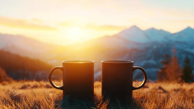 camping adventure concept. Two coffee mugs sit on grass during a bright sunrise with mountains in the background, creating a peaceful and cozy outdoor scene.
