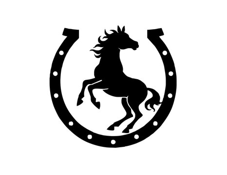 "Rearing Horse Silhouette Inside Horseshoe &ndash; Vector Emblem Design"