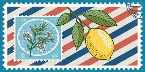 Summer. Lemons. Amalfi. Vector illustration of summer lemon, blue pattern, postage stamp and Italian Mediterranean striped invitation for poster, background, print or card
