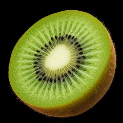 Sliced kiwi fruit with vibrant green flesh and black seeds  
