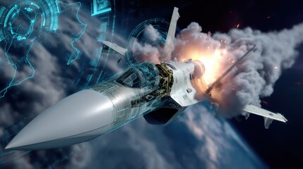High-tech fighter jet launches missile amid fiery explosion in a dramatic aerial display during a military exercise