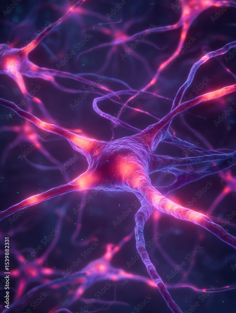 Poster exploring neon-lit neuron networks in a dark purple environment with a cyberpunk aesthetic and futur