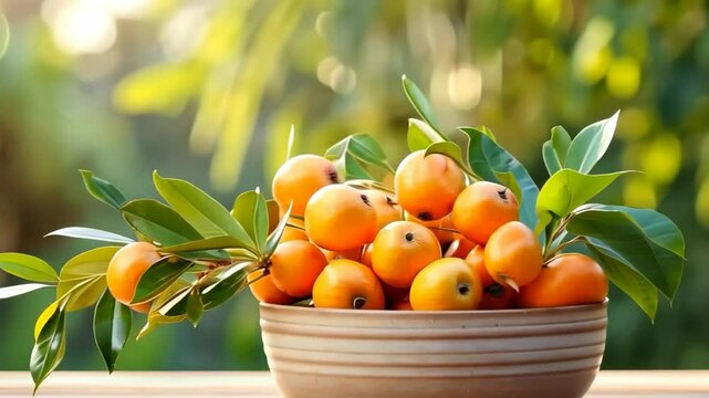 Medlar in a bowl against the backdrop of the garden. Selective focus. Food.