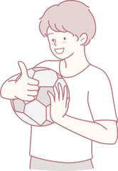 A cheerful young boy joyfully holds up a soccer ball while giving a thumbs up, symbolizing his enthusiasm for sports