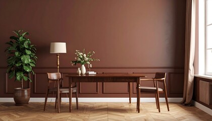 Dark brown dining room interior.