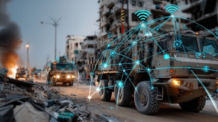 Military vehicles equipped with advanced communications technology navigate through a war-torn urban landscape at dusk