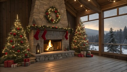 Fototapeta premium Cozy Christmas Cabin Scene with Fireplace, Decorated Trees, Stockings, and Gifts – Festive Winter Mood