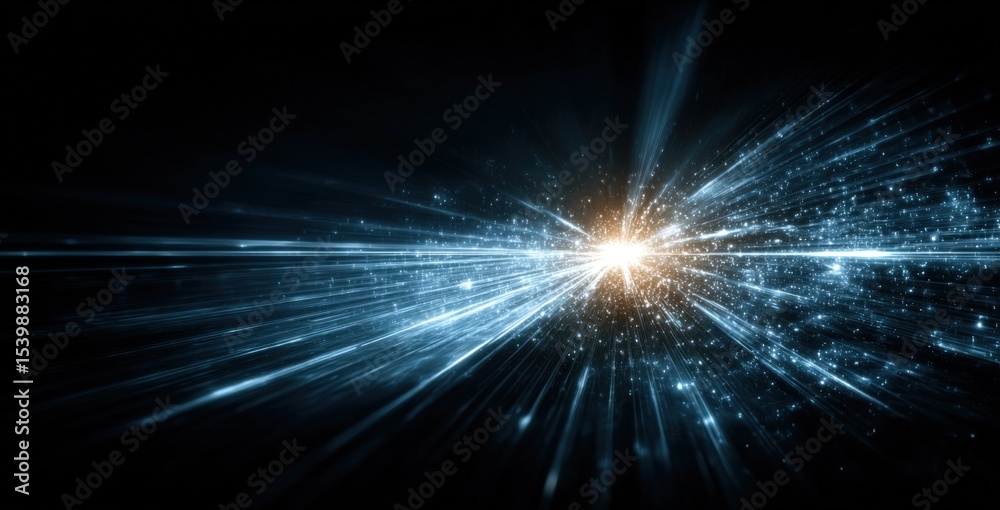 Poster dynamic light explosion with bright streaks radiating in dark space background