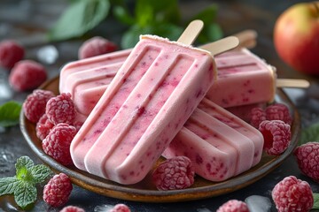 Refreshing Summer Raspberry Popsicles on a Plate with Fresh Mint and Fruit