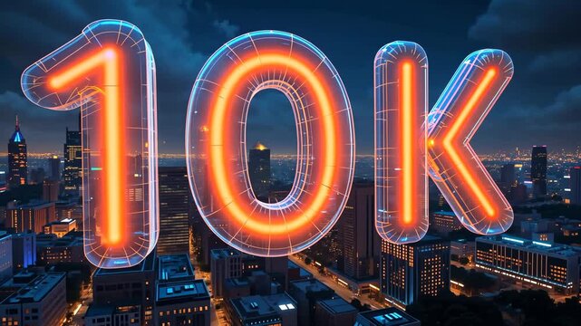 Glowing neon 10k sign against dark night cityscape with illuminated buildings