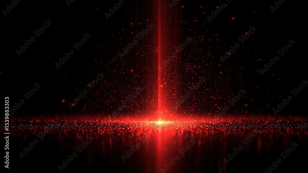 Poster vibrant red laser beam bursting upward with sparkling particles across dark background