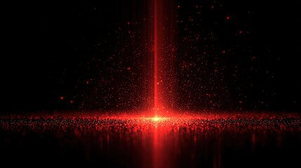 Vibrant red laser beam bursting upward with sparkling particles across dark background