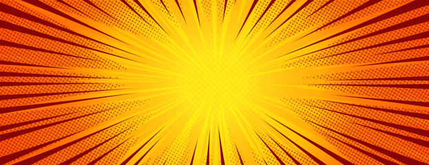 Obraz na płótnie Canvas Dynamic anime explosion background with radial comic speed lines and halftone dots - bright burst effect radiating from center for manga panels, action scenes, superhero graphics or retro pop art.
