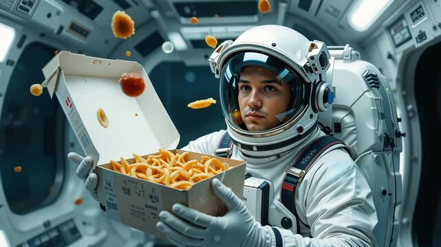 Astronaut holding box of food in zero gravity inside space station with floating elements