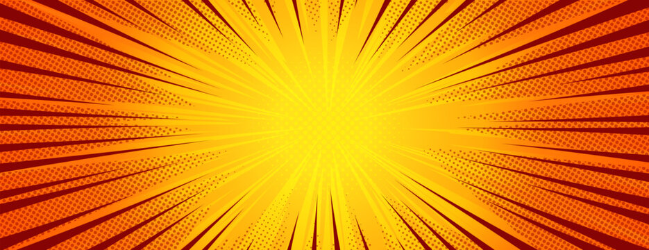 Dynamic anime explosion background with radial comic speed lines and halftone dots - bright burst effect radiating from center for manga panels, action scenes, superhero graphics or retro pop art.